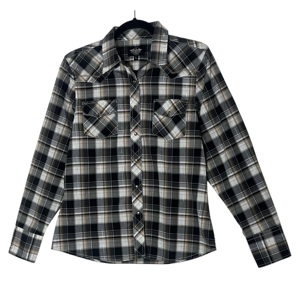 Cowgirl Shirt Womens Large Pearl Snap Western Rodeo Plaid Long Sleeve Black